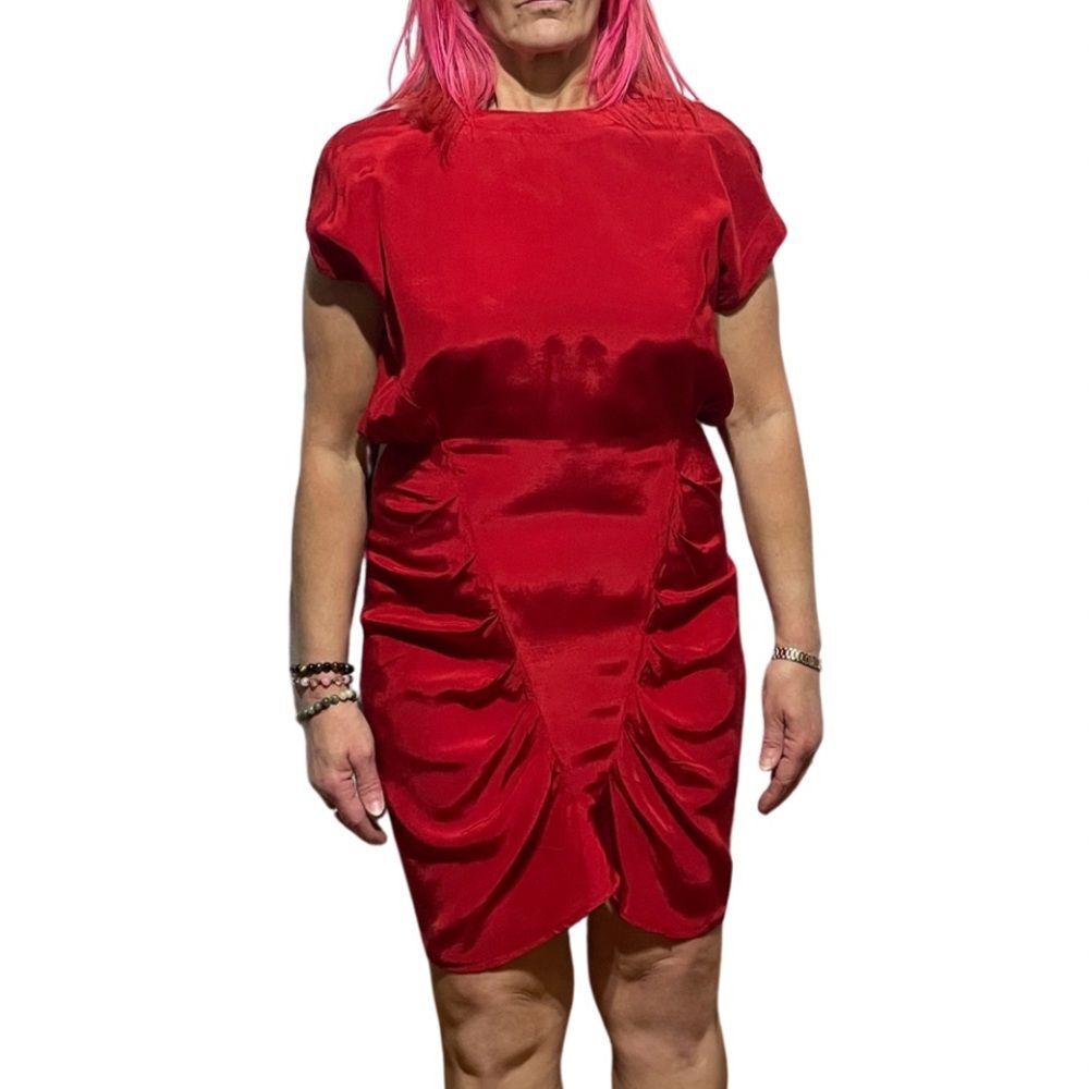 Vintage 80s Red Ruched Mini Dress Medium - Picture 12 of 13